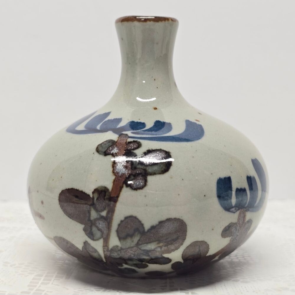 Vintage Napcoware Japanese Pottery Small Bud Vase Brown Navy Floral